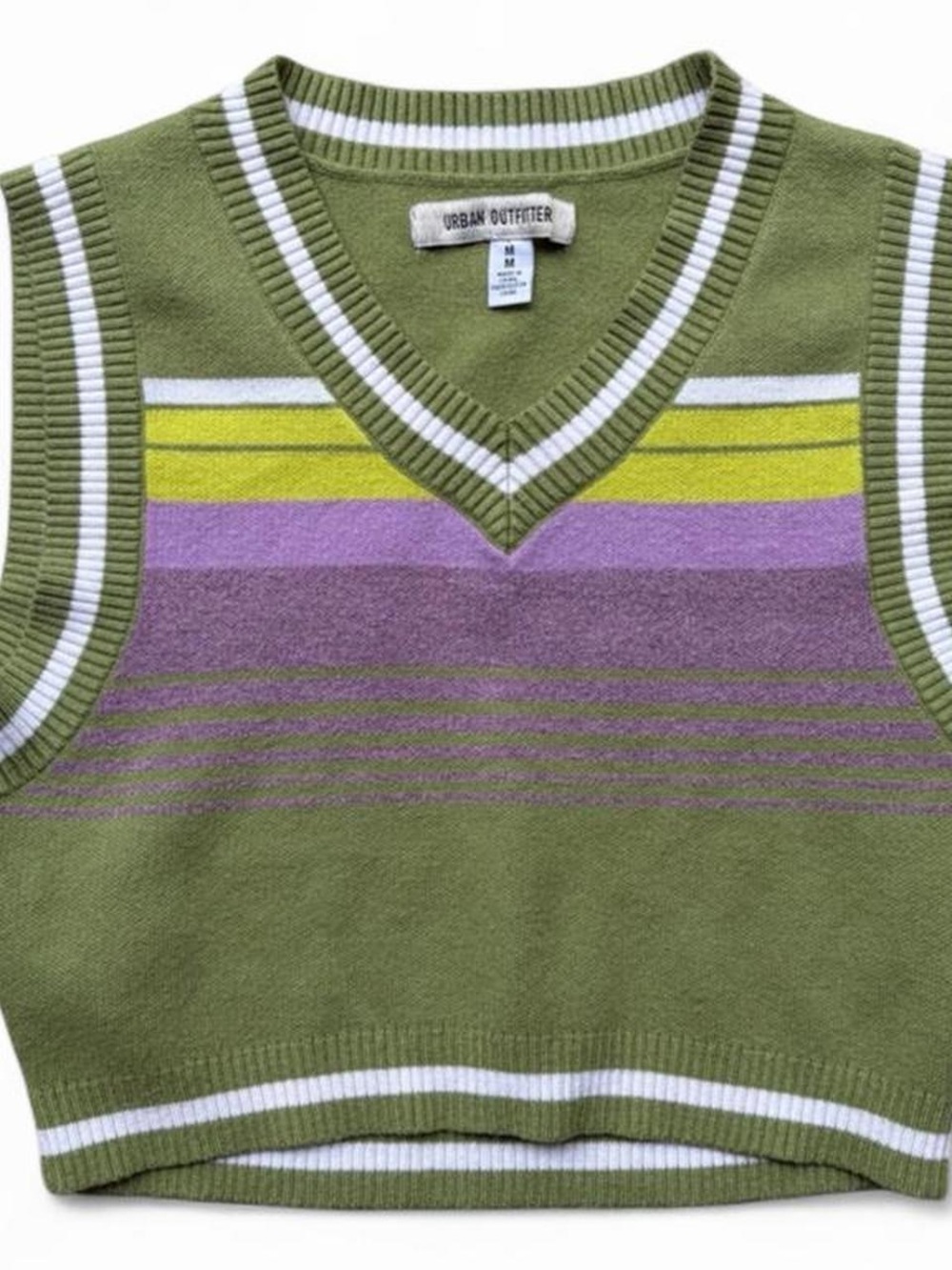 Urban Outfitters Olive Green V‑Neck Sweater Vest with Purple and Yellow Stripes